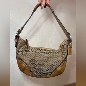 Coach signature tan brown canvas leather buckle hobo bag